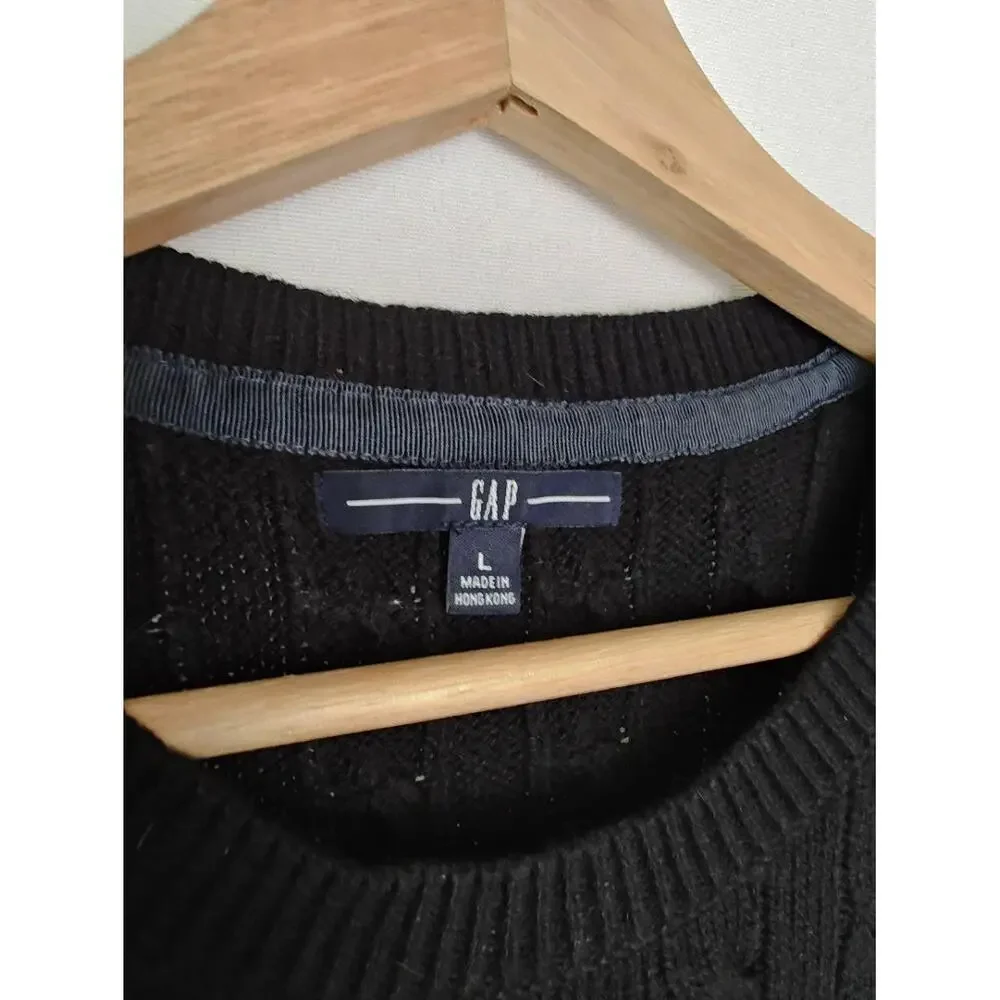 GAP Sweater Cable Knit Black‎  Long Sleeve Crew Neck Cozy Large L Angora Blend